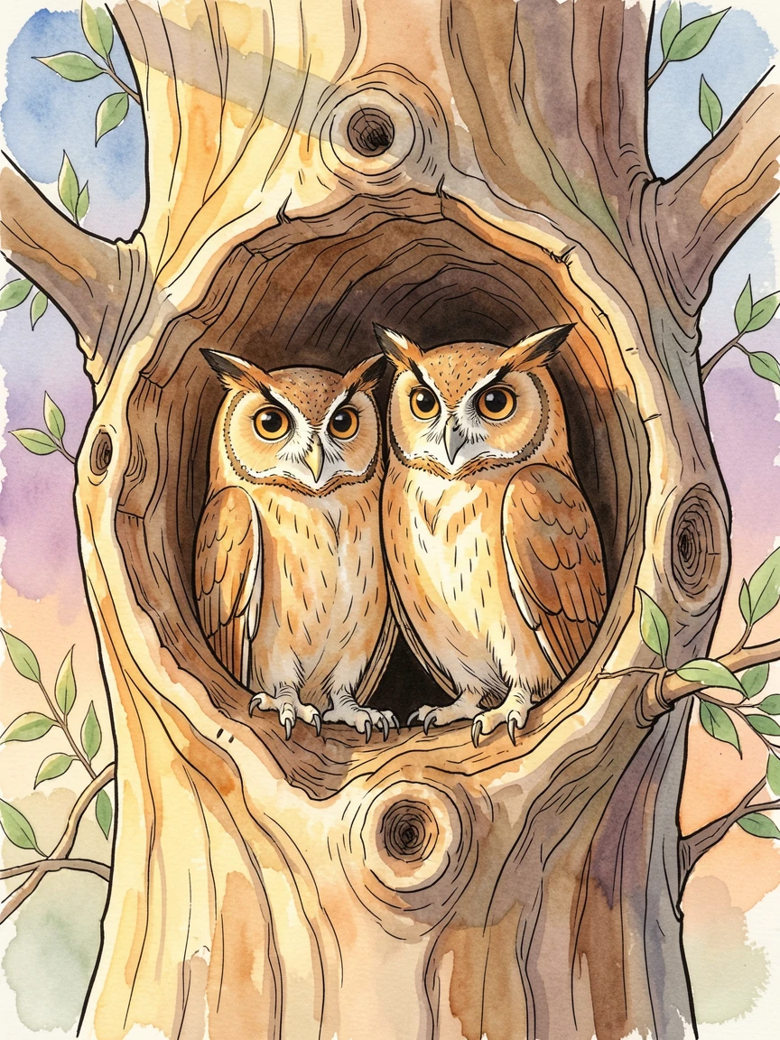 A pair of owls nestled in a hollow tree at twilight, the golden light of late afternoon warming the scene.