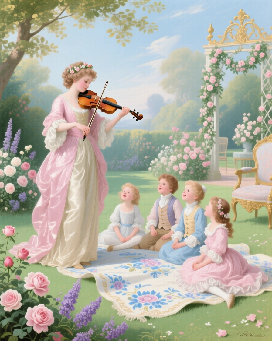 A young violinist playing for children seated on a garden blanket  