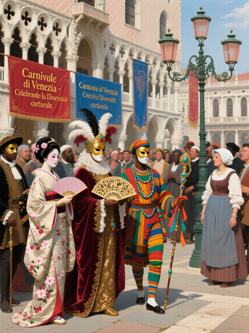 A grand Venetian carnival with masked figures in elaborate costume, as onlookers in traditional dress watch the scene unfold, celebrating the rich diversity of world cultures and traditions