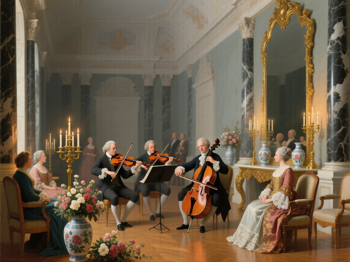 A string quartet performing for seated aristocratic guests as candlelight flickers across polished floors, set in a frescoed reception hall lined with marble columns, with fresh flowers arranged in porcelain vases throughout the room; a mirror in the background subtly doubles the scene's elegance, suggesting both splendor and the fleeting nature of such moments.