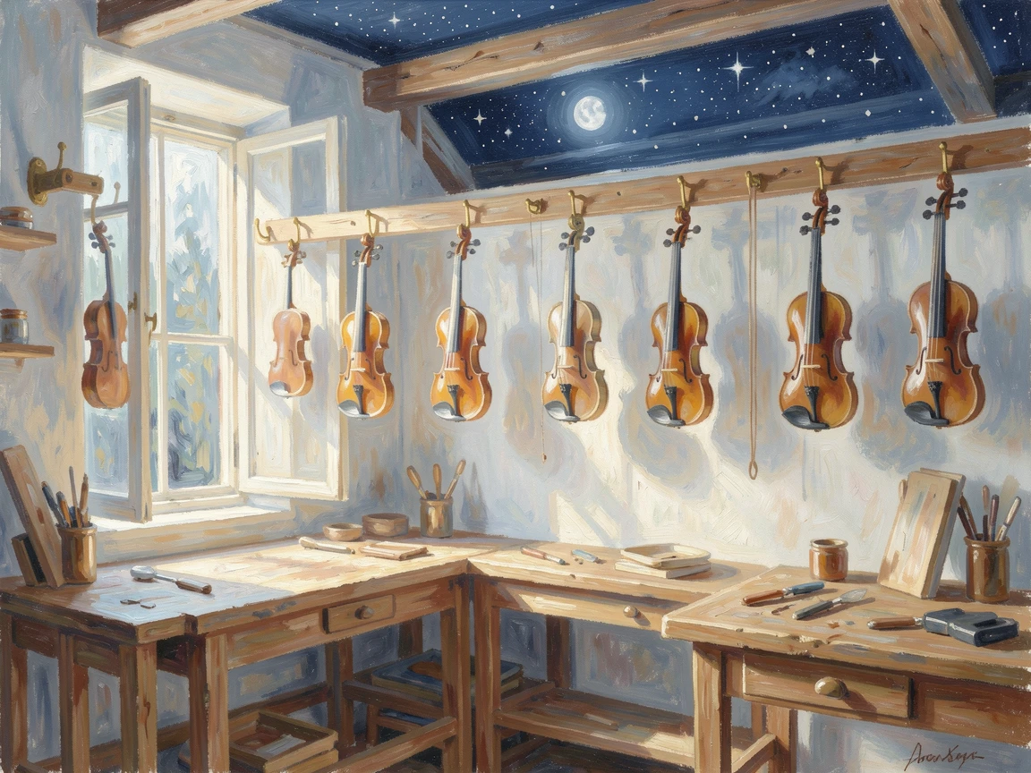 A quiet violin maker's workshop lined with instruments hanging from the ceiling on brass hooks, under a canopy of stars.
