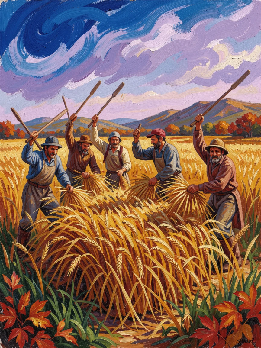 A group of farmers threshing grain by hand in a golden autumn field.