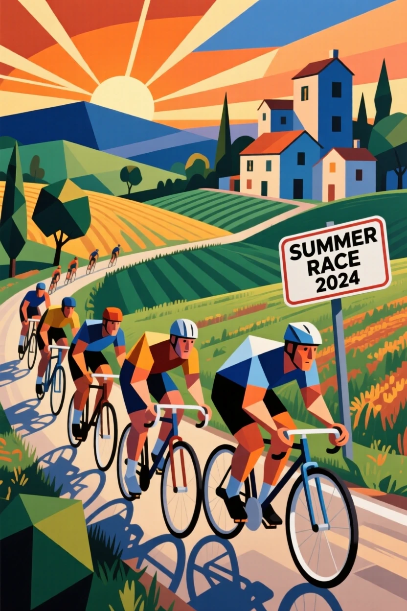 An energetic scene of a group of cyclists racing through a scenic countryside, captured during a lively summer evening.