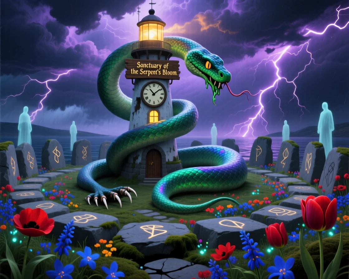 A sea serpent coiling gracefully around a lighthouse in a storm stands motionless at the center of an ancient stone circle, as flowers bloom instinctively wherever it steps.