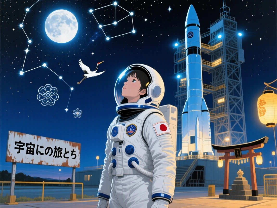 A young astronaut in a white spacesuit gazes up at the stars from a launch pad at night, mission lights illuminating the rocket behind, their surroundings offering subtle clues about culture, place, and the moment being lived.