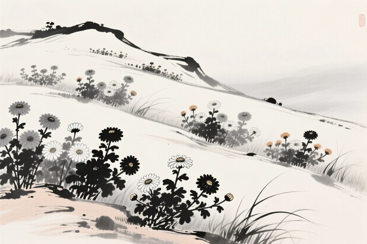 A field of chrysanthemums blooms in shades ranging across a quiet hillside, as a light wind stirs the surrounding grasses.