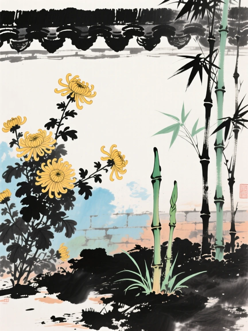 Chrysanthemums blooming in golden clusters beside a garden wall, radiating gentle serenity, as new bamboo shoots break through the soil.
