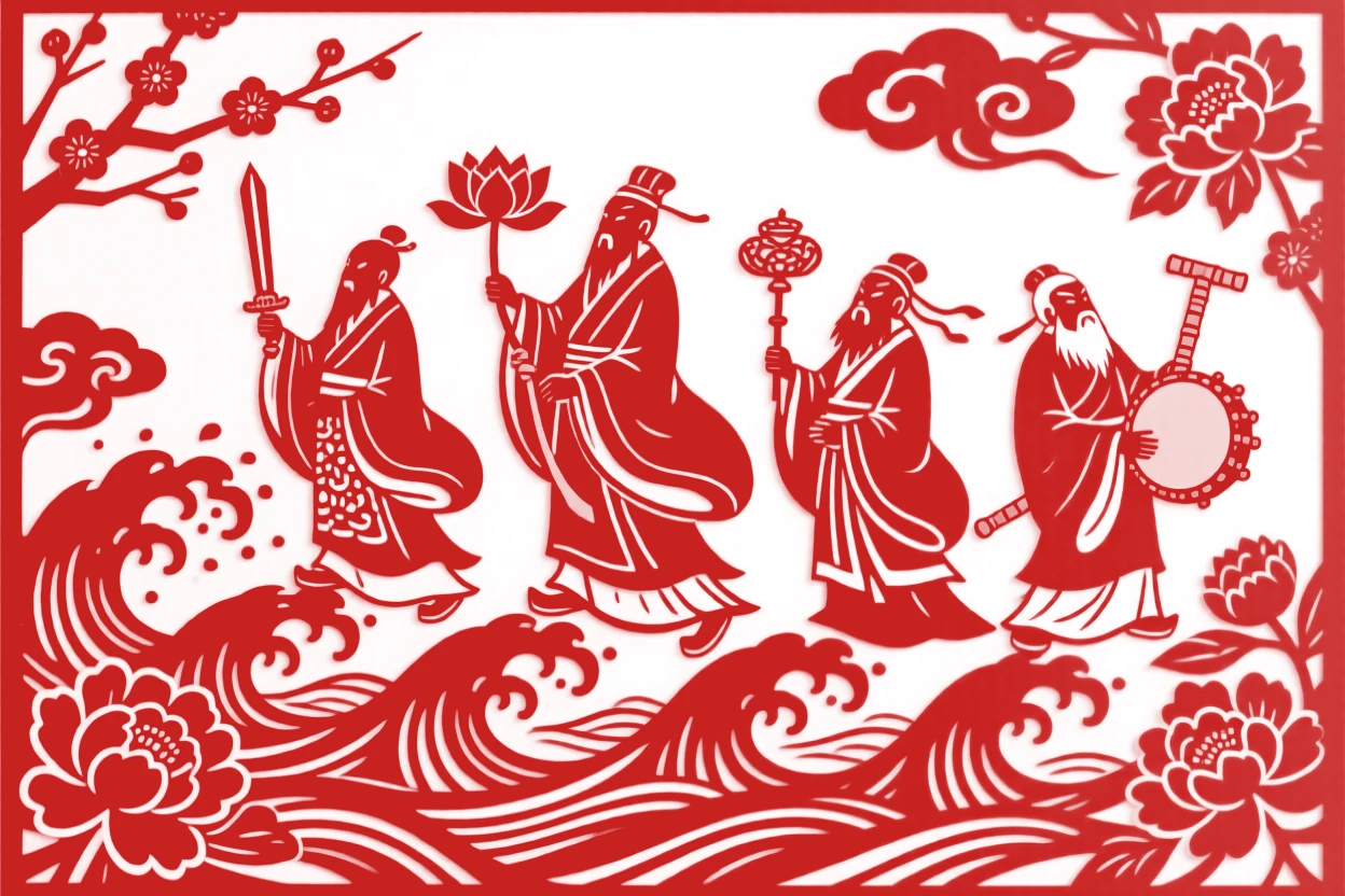 The Eight Immortals crossing a stormy sea, each riding their own magical treasure atop the waves