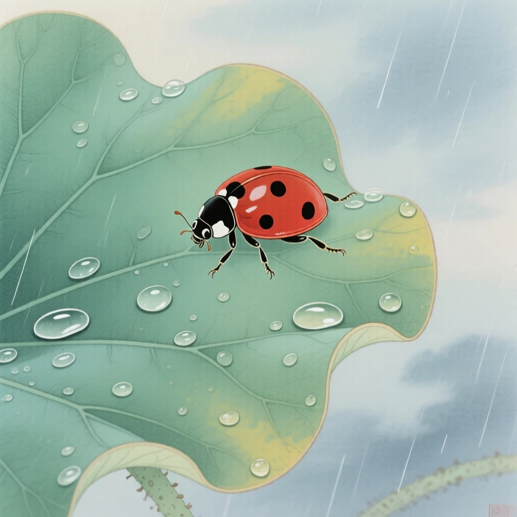 A ladybird beetle on a lotus leaf after summer rain
