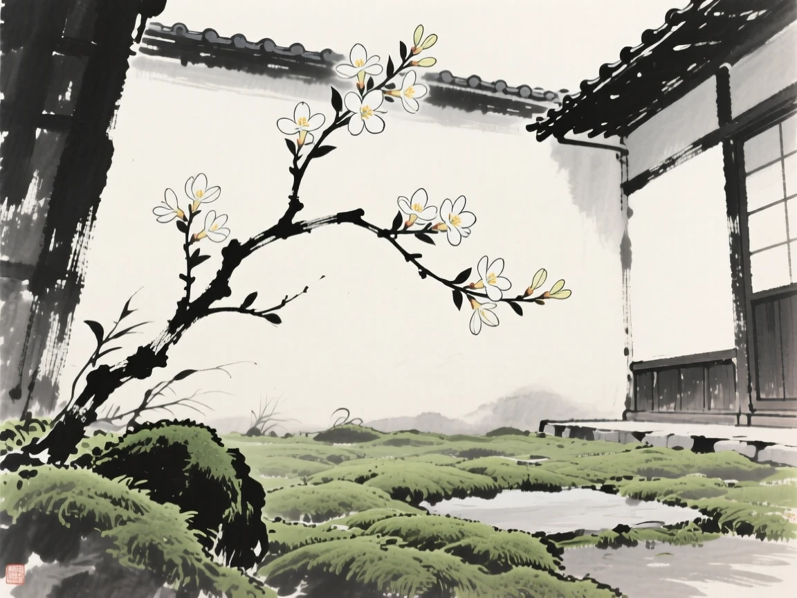 A branch of winter jasmine at the edge of a moss-covered courtyard, seen from a low angle looking upward, capturing a delicate, transient moment in bloom.