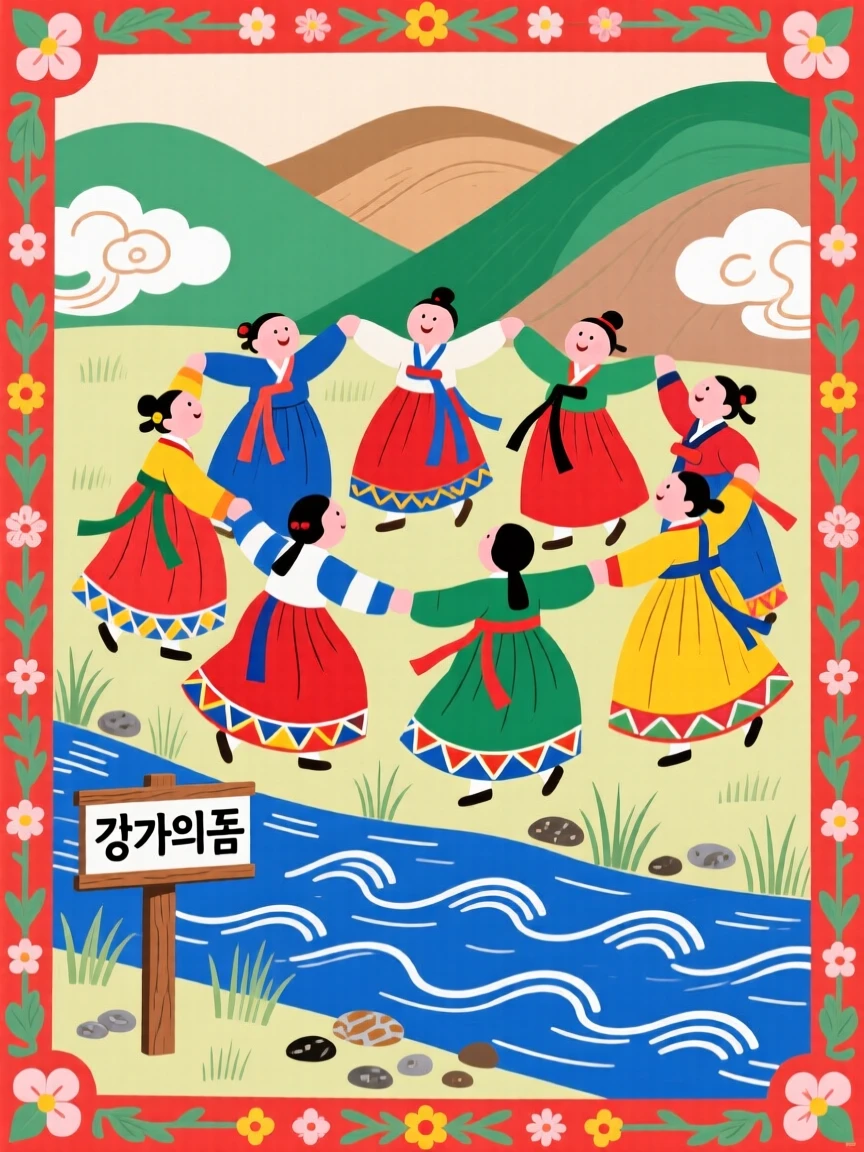 Dancers performing in colorful traditional dress beside a quiet river.