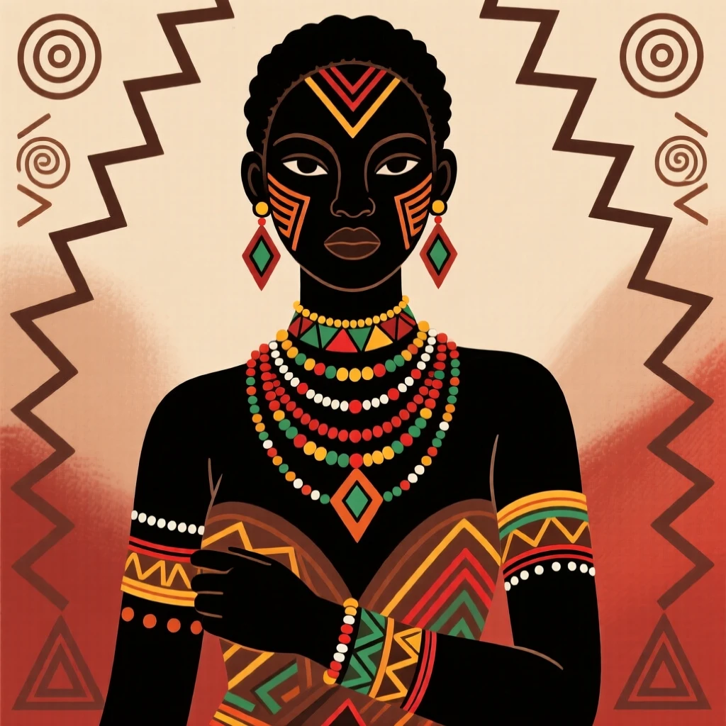 A young woman adorned with beaded jewelry.