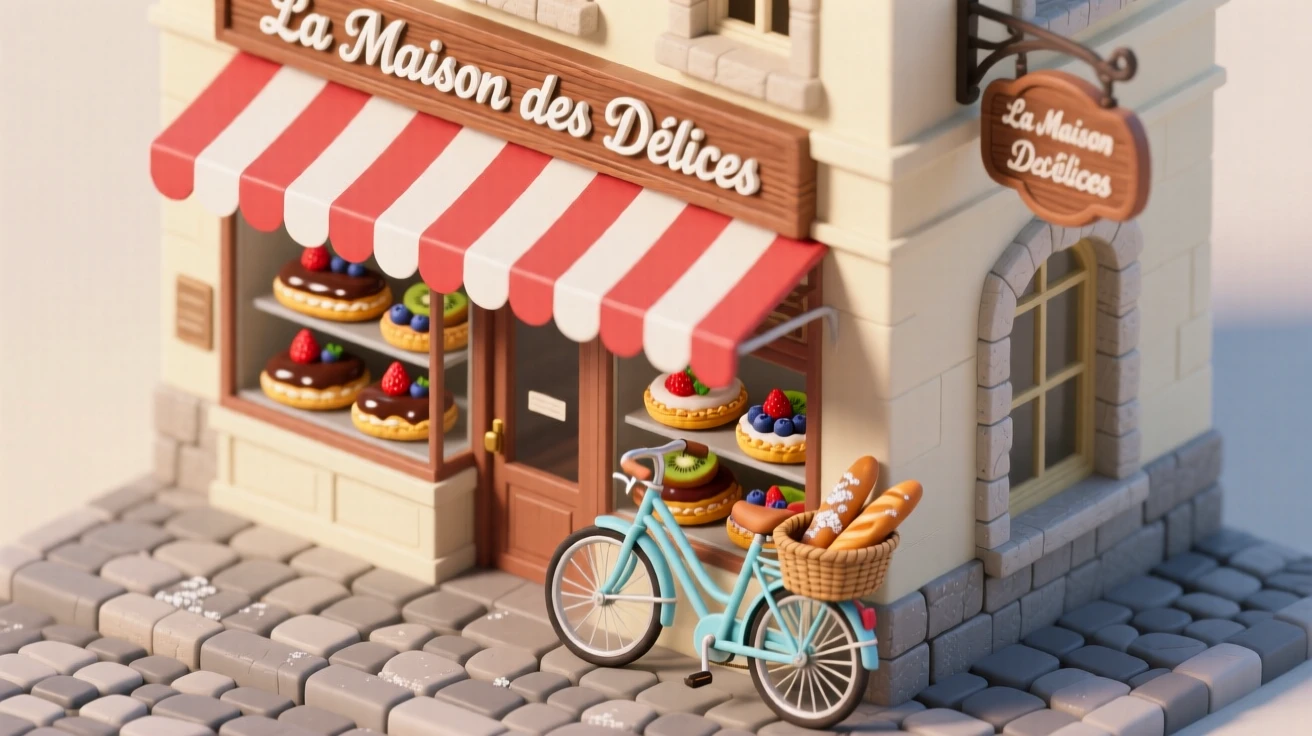 A charming French patisserie with éclairs and tarts lined in a glass case, a striped awning, and a bicycle with a basket of baguettes outside.