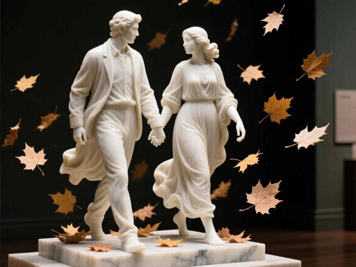 A heartfelt moment showing a couple walking hand in hand through falling leaves, radiating love and genuine human emotion