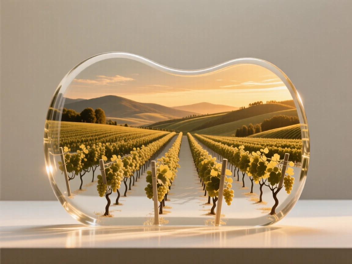 A vineyard at golden hour with rows stretching to distant hills, captured in soft golden light with layers of atmospheric depth, evoking peace and quiet grandeur.