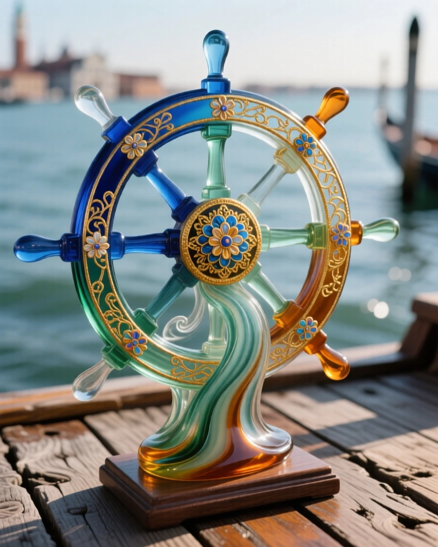A ship's wheel standing solitary on an old wooden deck, adventurous and timeless.