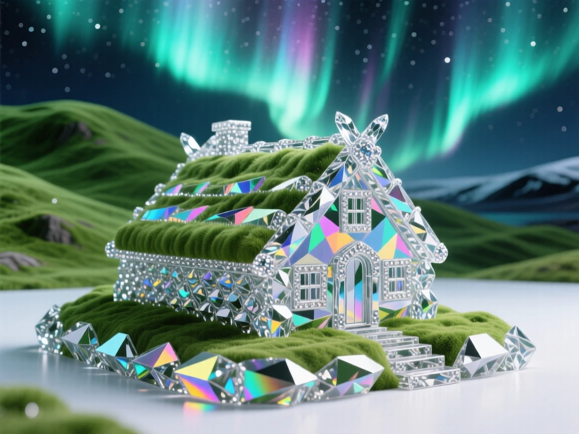 A traditional Icelandic turf house nestled into a green hillside under the aurora.