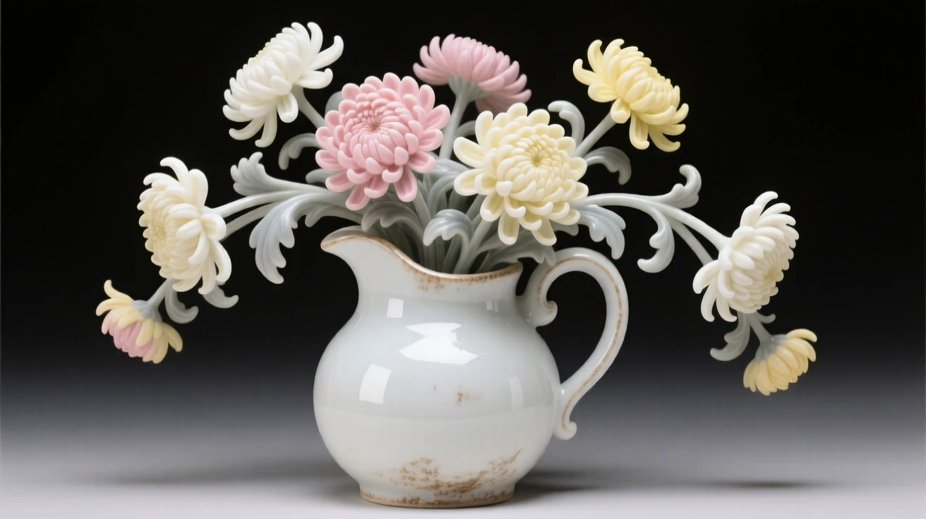 A lush arrangement of chrysanthemums in a rustic pitcher, arranged in a graceful cascading style.