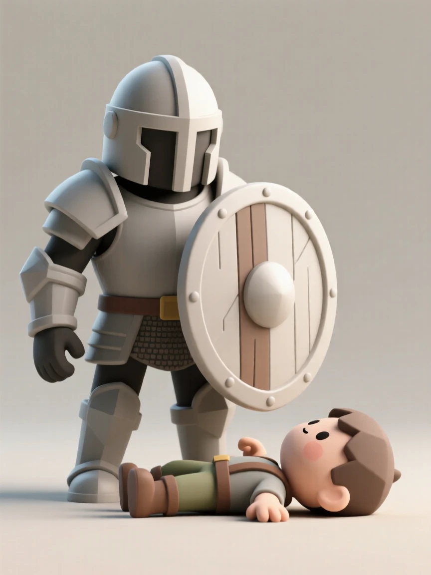 A stalwart knight shields a fallen comrade with his shield during a dramatic battlefield rescue.