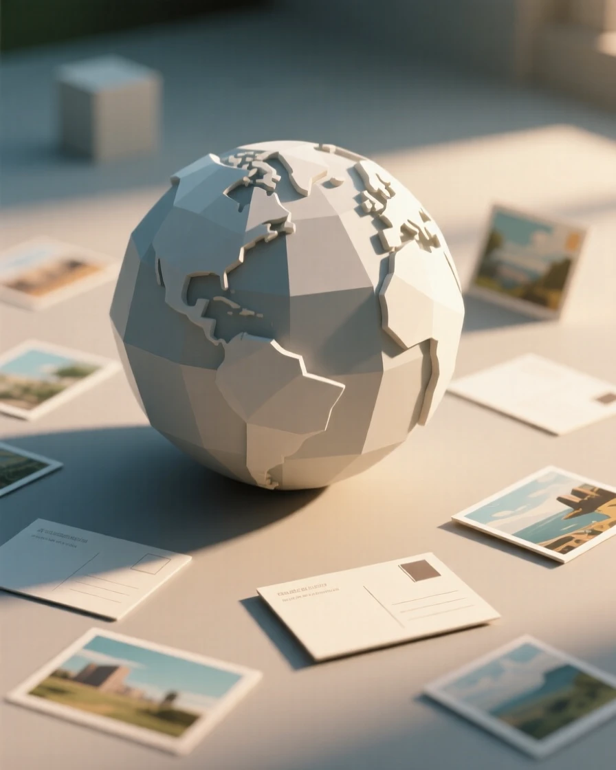A globe surrounded by scattered travel postcards, bathed in warm afternoon light. a shallow depth of field isolates the main object. There is a calm, contemplative stillness.