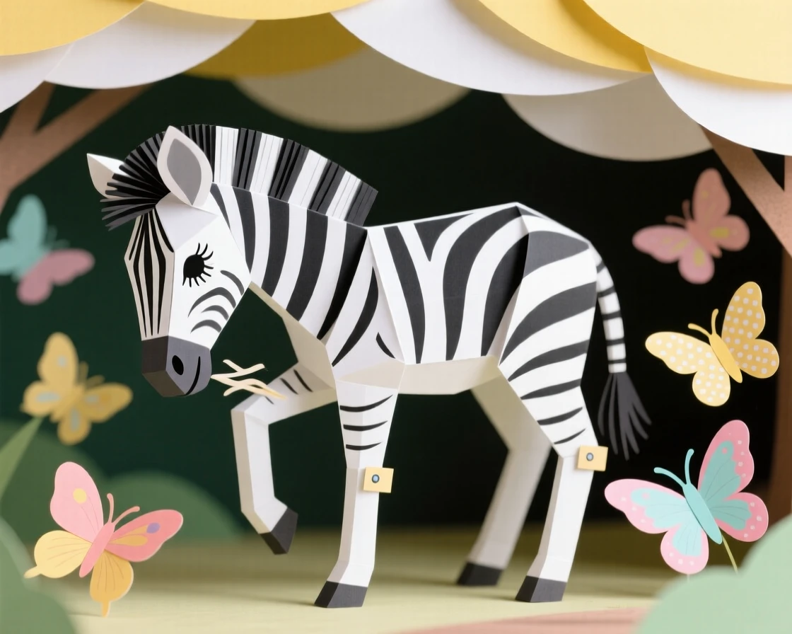 A striped zebra foal grooming itself in dappled sunlight, with butterflies fluttering nearby, capturing the wonder of the natural world.