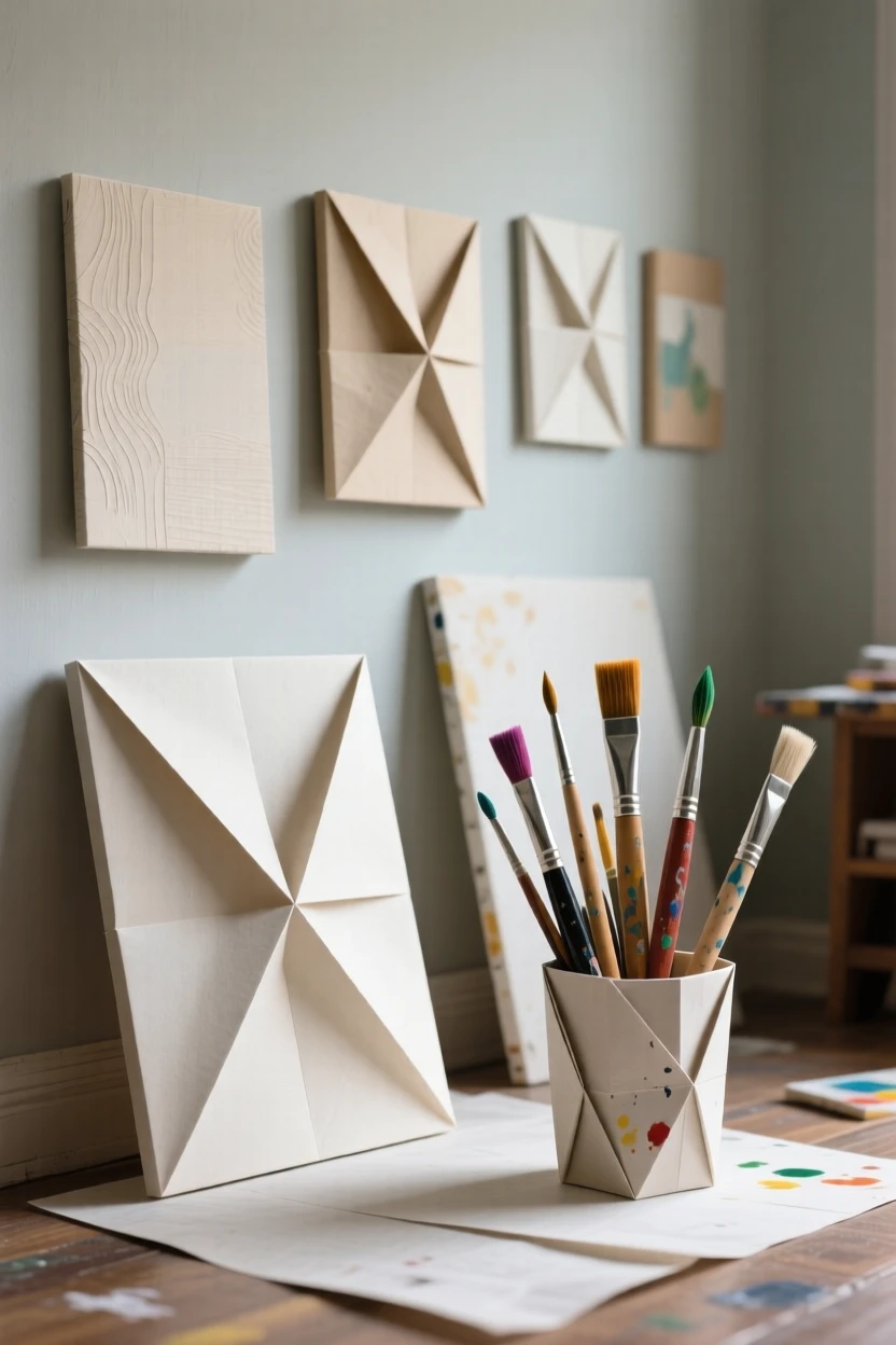 A quiet home art studio with canvases leaning against the wall and paint-stained brushes.