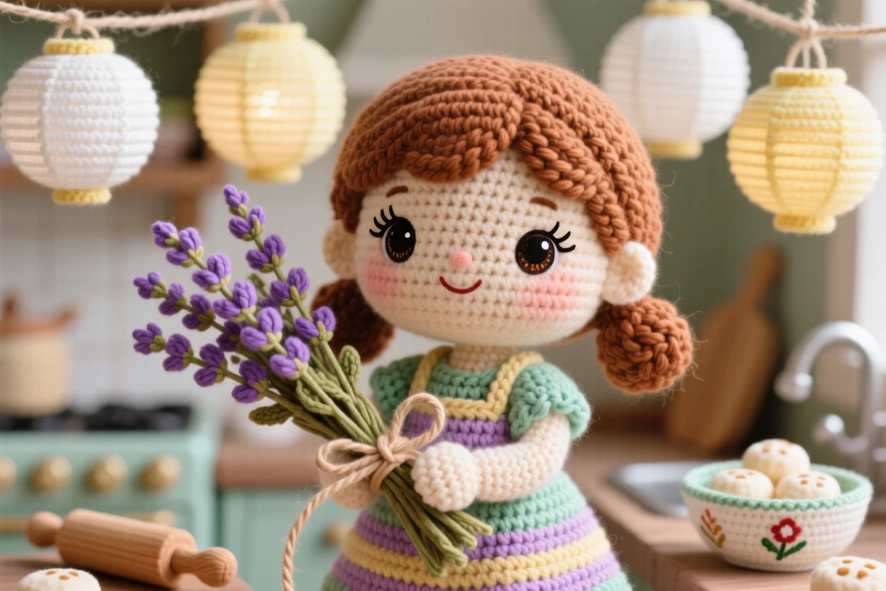 a little girl holding a bundle of dried lavender, for a summer harvest, is shown tying stems together with twine in a warm kitchen filled with holiday baking smells beside a cluster of paper lanterns swaying gently, capturing cozy holiday warmth and togetherness.