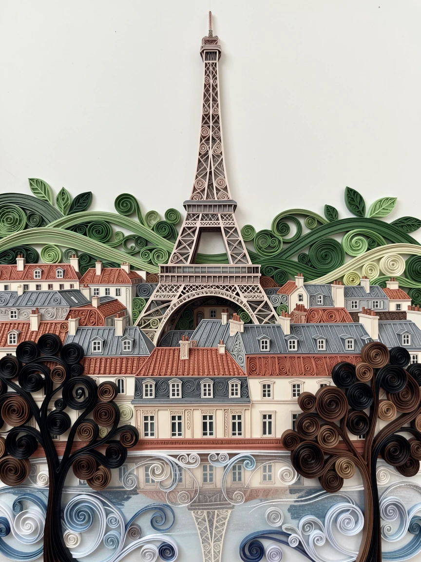 the Eiffel Tower rising above a sea of Parisian rooftops, surrounded by rolling green hills, framed by silhouetted trees in the foreground, with soft reflections shimmering on still water.