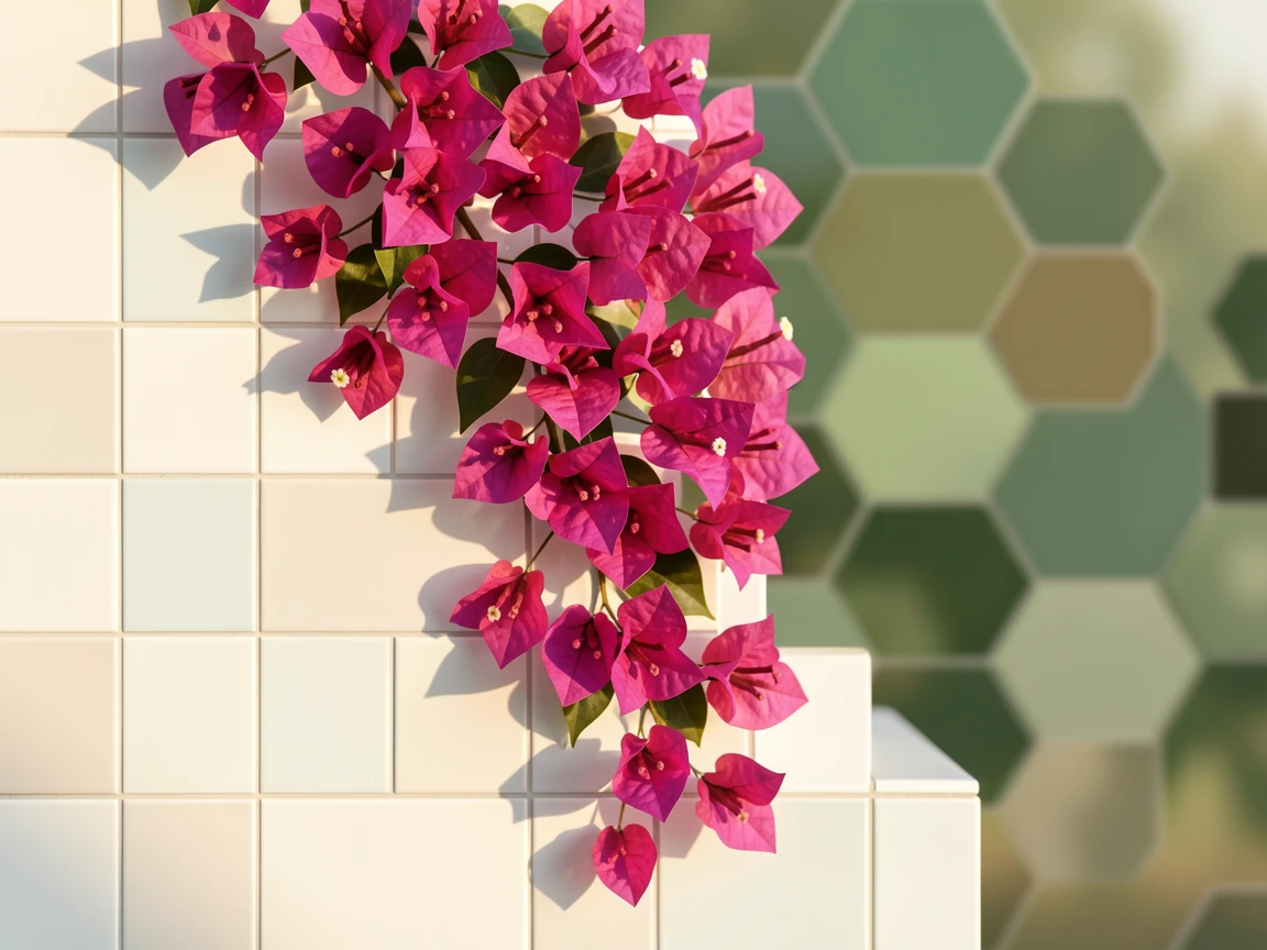 A cascade of bougainvillea flowers over a whitewashed wall, with soft morning light and a gentle blur of background greenery.