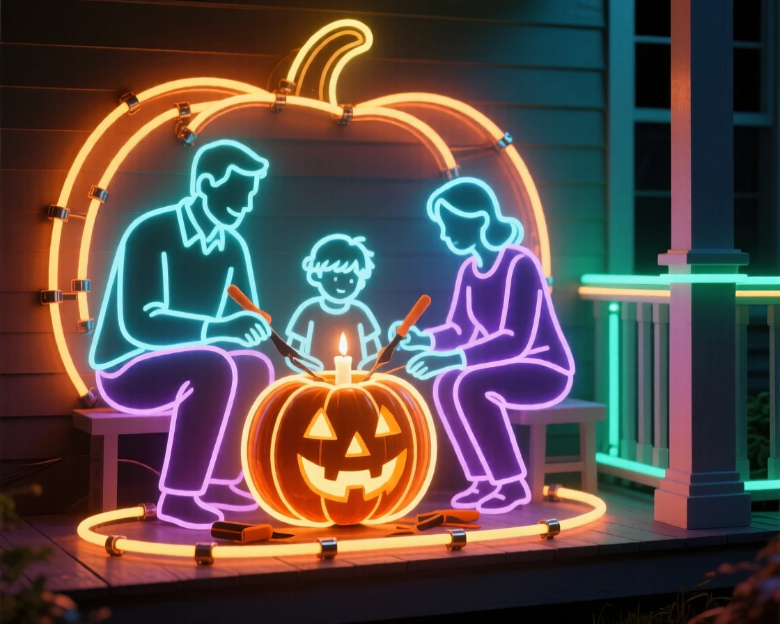 A family carving a jack-o'-lantern together on a porch.