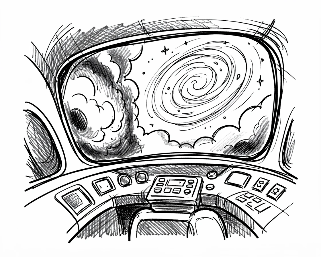 A spaceship cockpit view of a nebula near a spiraling galaxy in the distance.