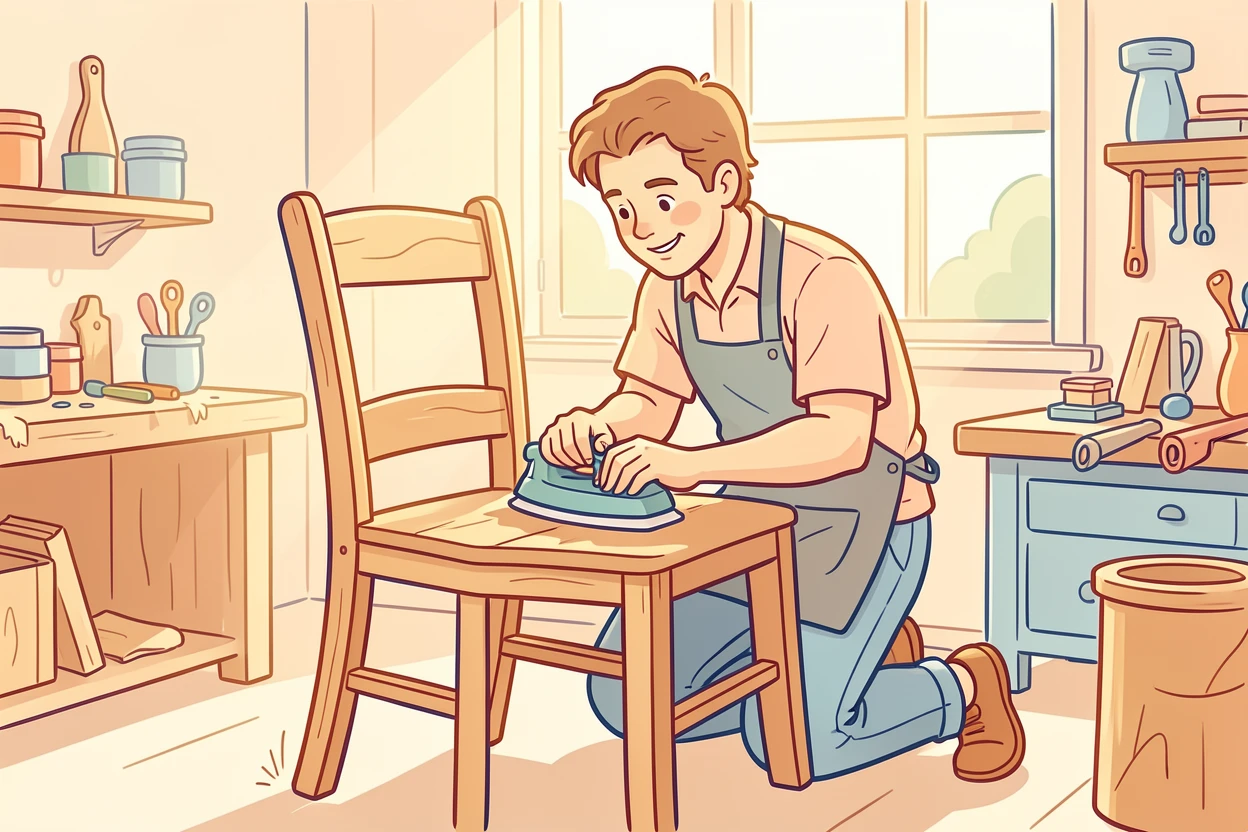 A woodworker carefully sanding a handmade wooden chair in a sunlit workshop.