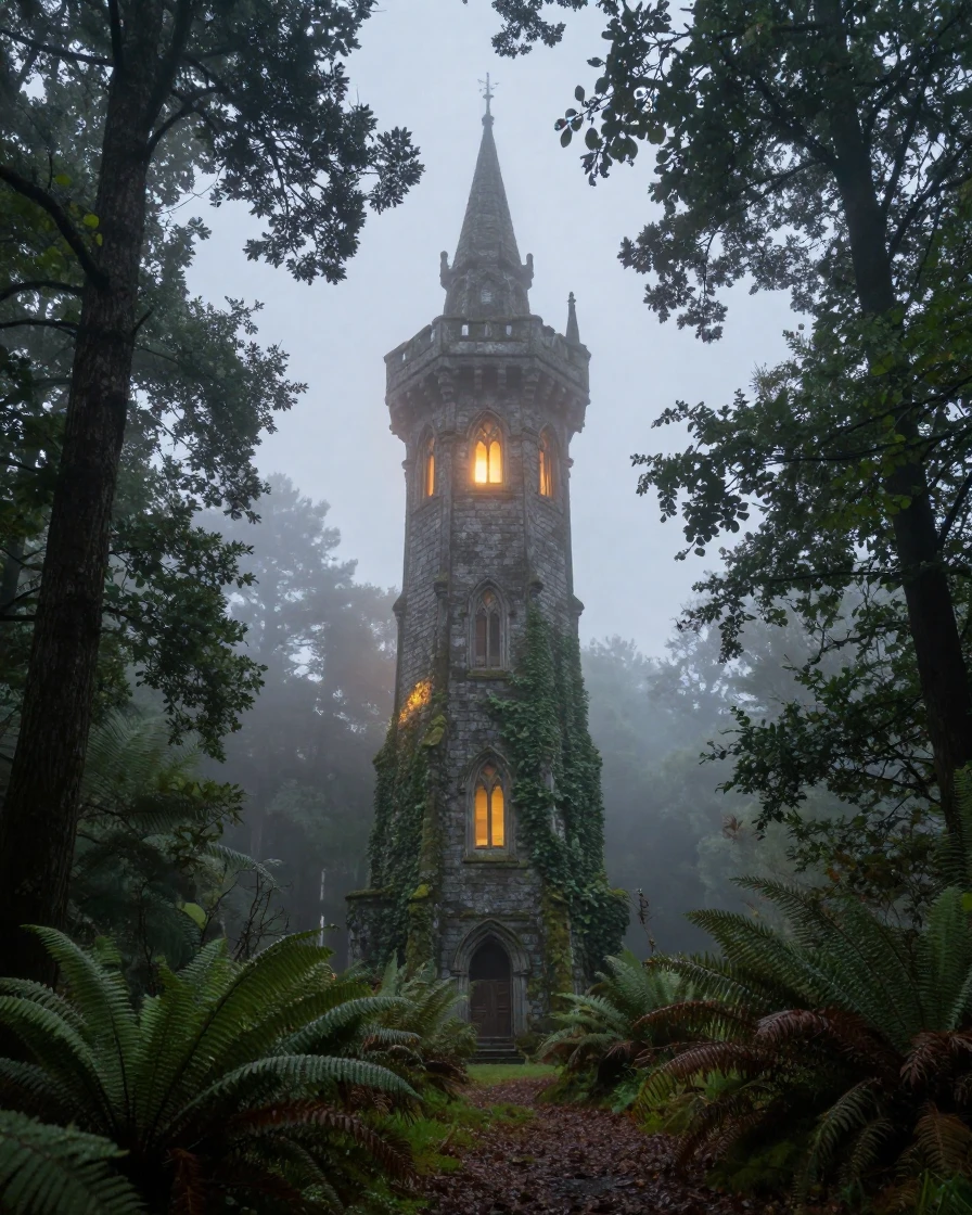 A wizard's tower glowing with mystical light in a misty forest