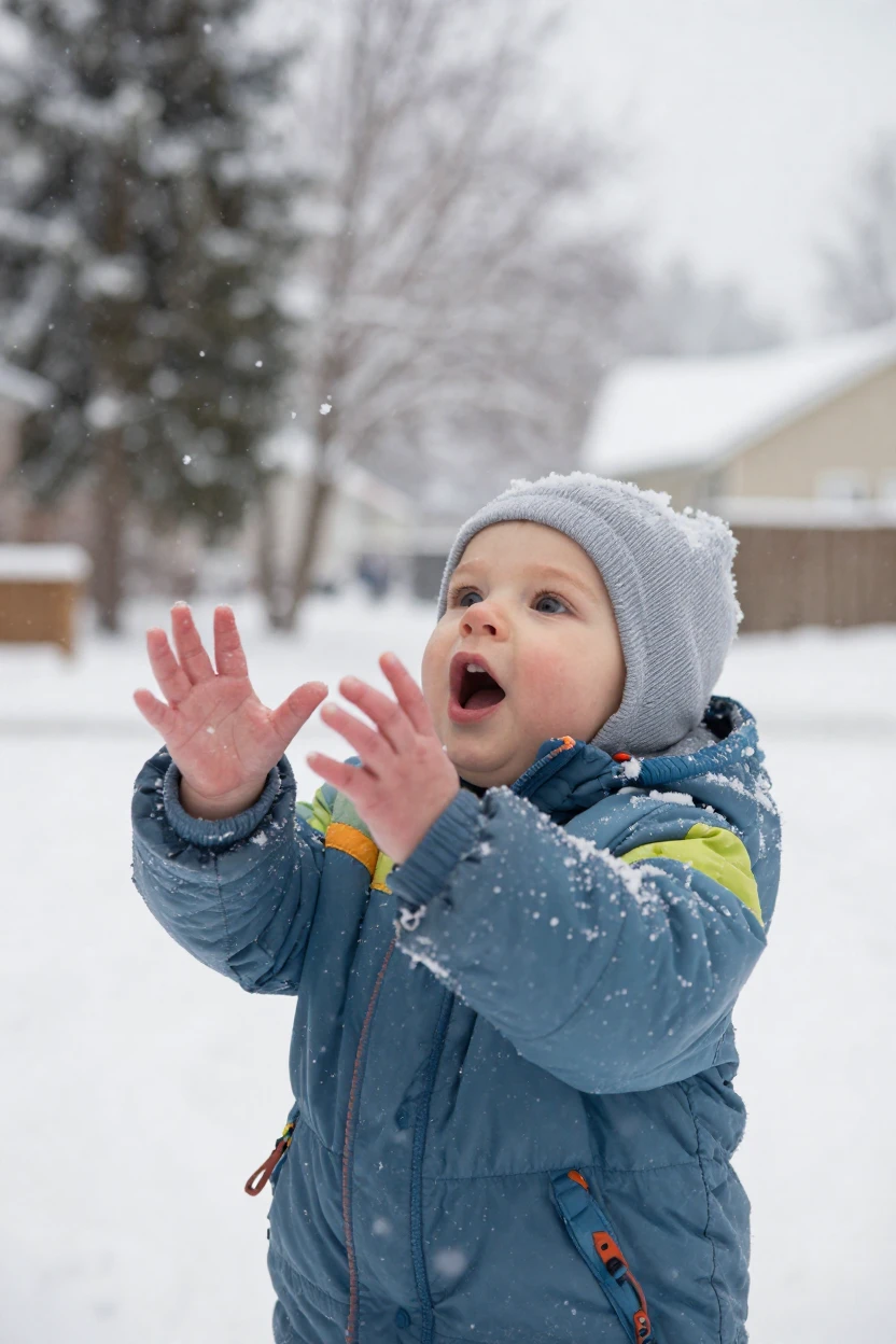 A baby reaches up to touch falling snowflakes for the first time, mouth open in wonder.
