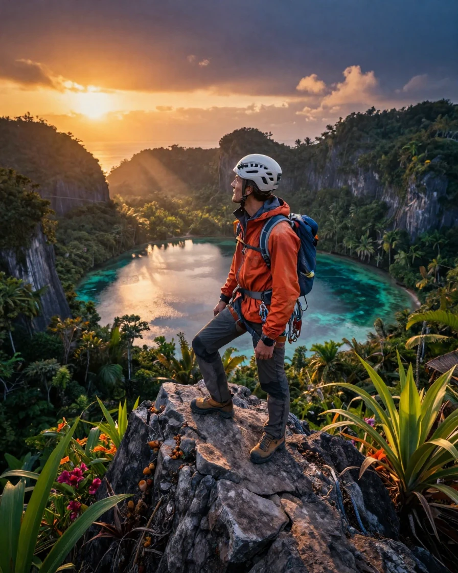 A mountaineer standing triumphant at a hard-won summit within a secluded tropical lagoon