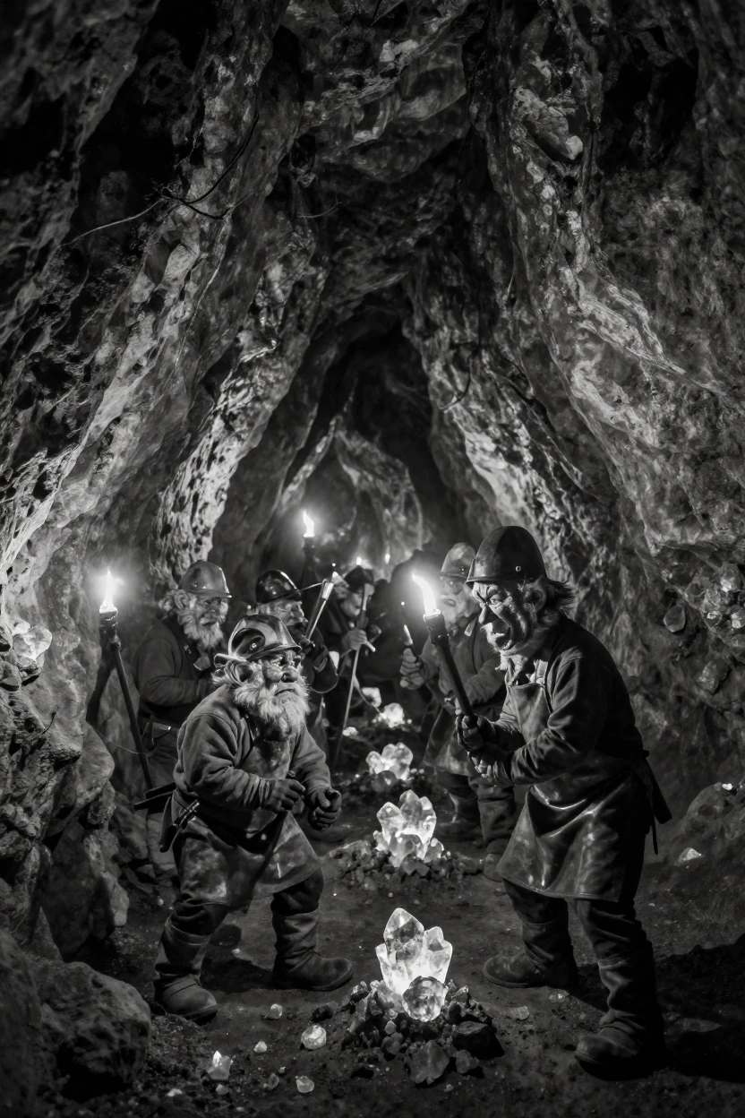 A band of dwarves mines glowing crystal from a cavern wall inside a torch-lit tunnel.