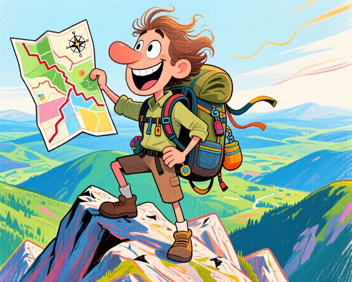 A backpacker standing atop a mountain peak, map in hand, admiring the view below.