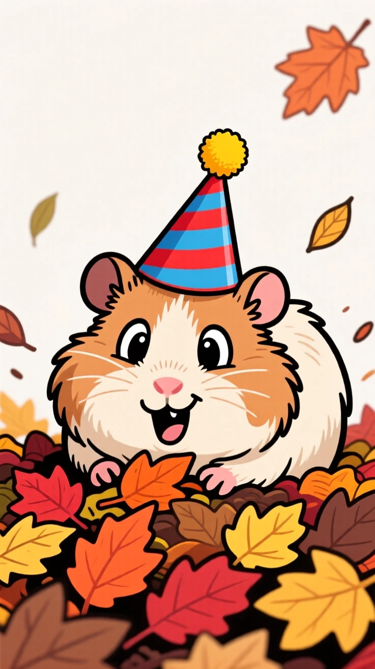 A playful pet moment featuring a chubby guinea pig burying its face in a pile of fallen leaves, with a birthday hat slightly askew.
