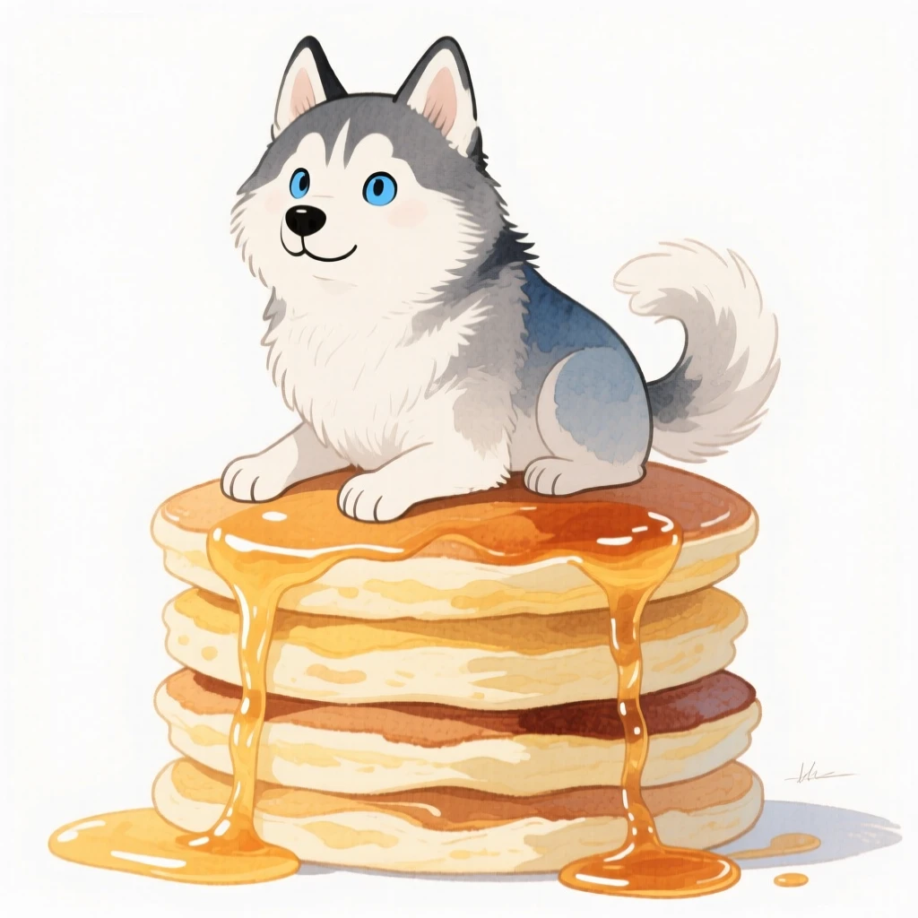 A majestic husky perched on a stack of pancakes