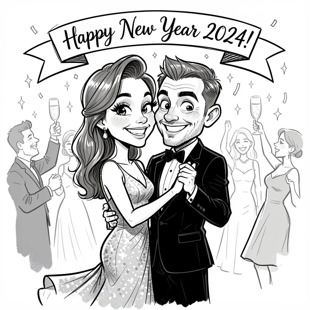 [Seasonal Holidays & Celebrations] Festive scene of a couple slow dancing at a glamorous New Year's Eve gala, full of celebration and joy