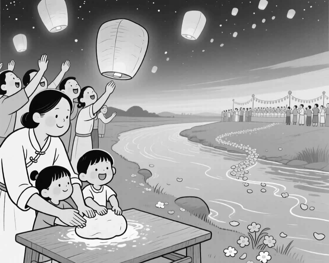 A crowd releasing glowing lanterns into the night sky, guiding small hands through kneading dough, set beside a riverbank at twilight. A trail of flower petals leads toward the celebration. The scene overflows with communal joy and tradition.