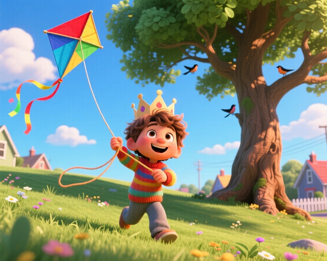 A child flying a colorful kite on a windy hill takes place at a neighborhood park with a big old oak tree, with a paper crown perched slightly crooked. A carefree, adventurous energy fills the scene.