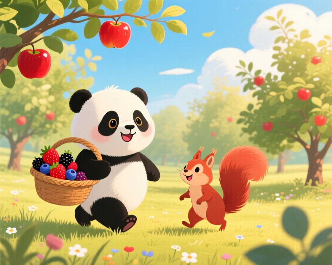 Near an apple orchard, a round-bellied panda cub is carrying a basket of berries alongside a small woodland friend, with a warm breeze rustling the branches.