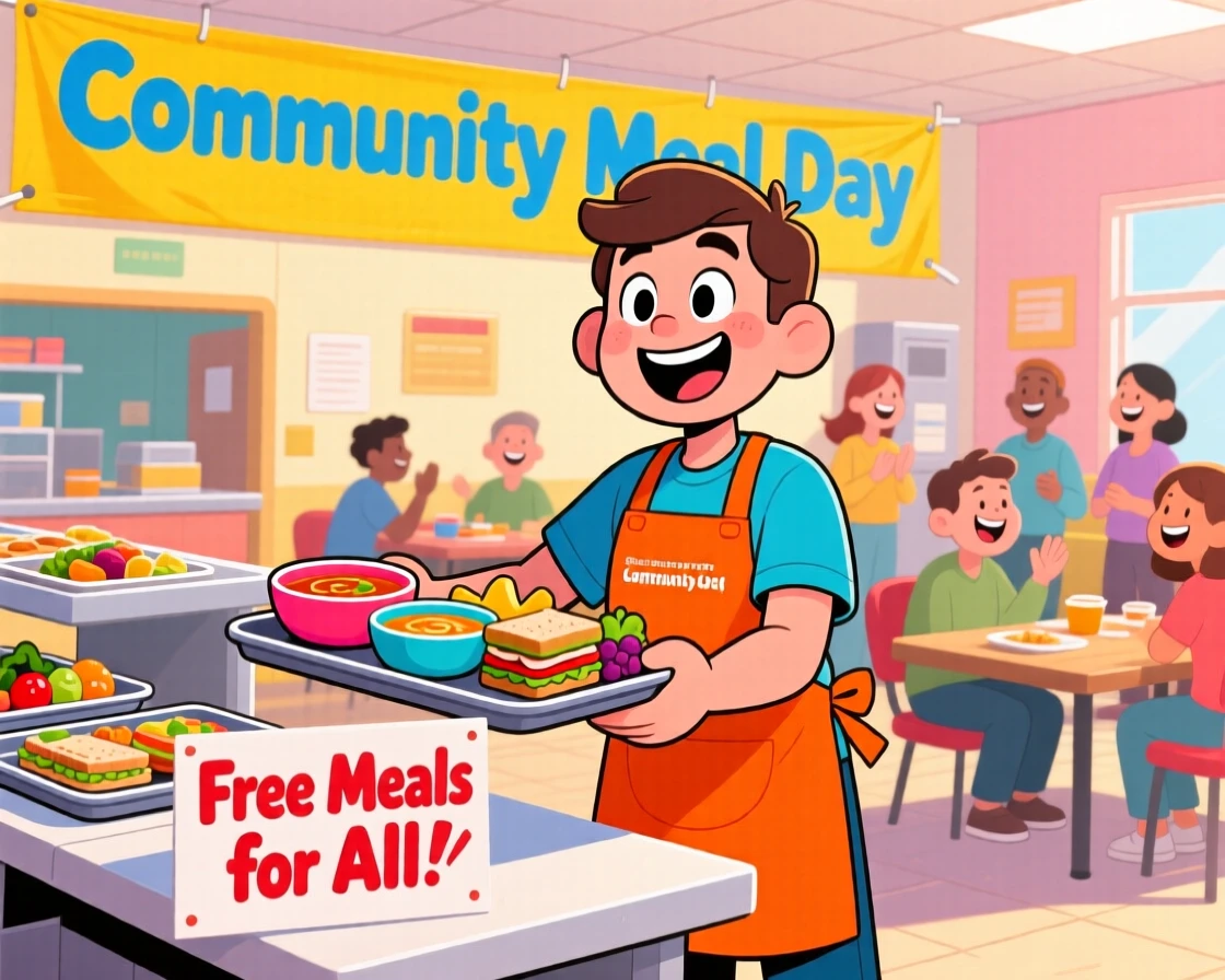 A volunteer handing out meals with a warm smile at a community center.