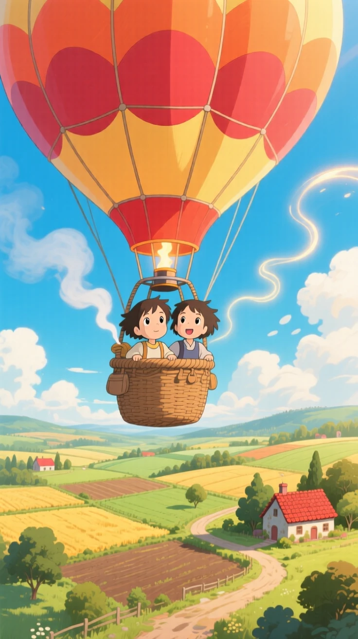 A charming scene of a hot air balloon drifting over a patchwork countryside, with steam and light trailing behind it.