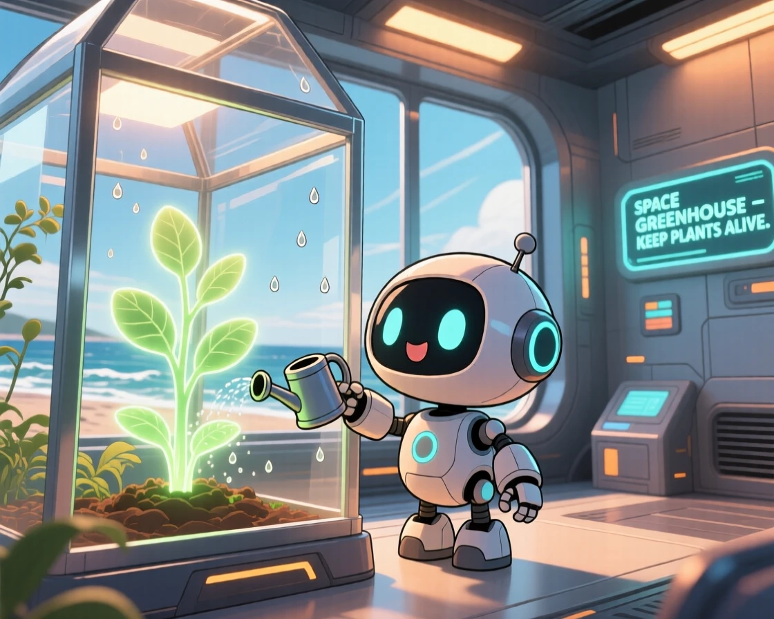 In a futuristic space station, a small robot is watering a glowing plant inside a space greenhouse on a breezy coastal afternoon, bathed in warm lamplight, expression full of eager anticipation. Shot as a low-angle shot looking up.