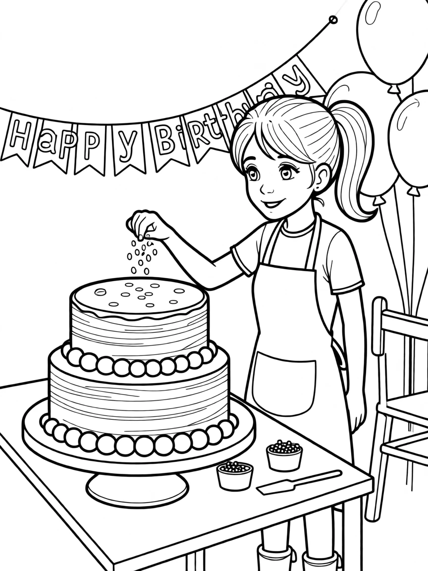 A cake decorator adding sprinkles to a birthday cake