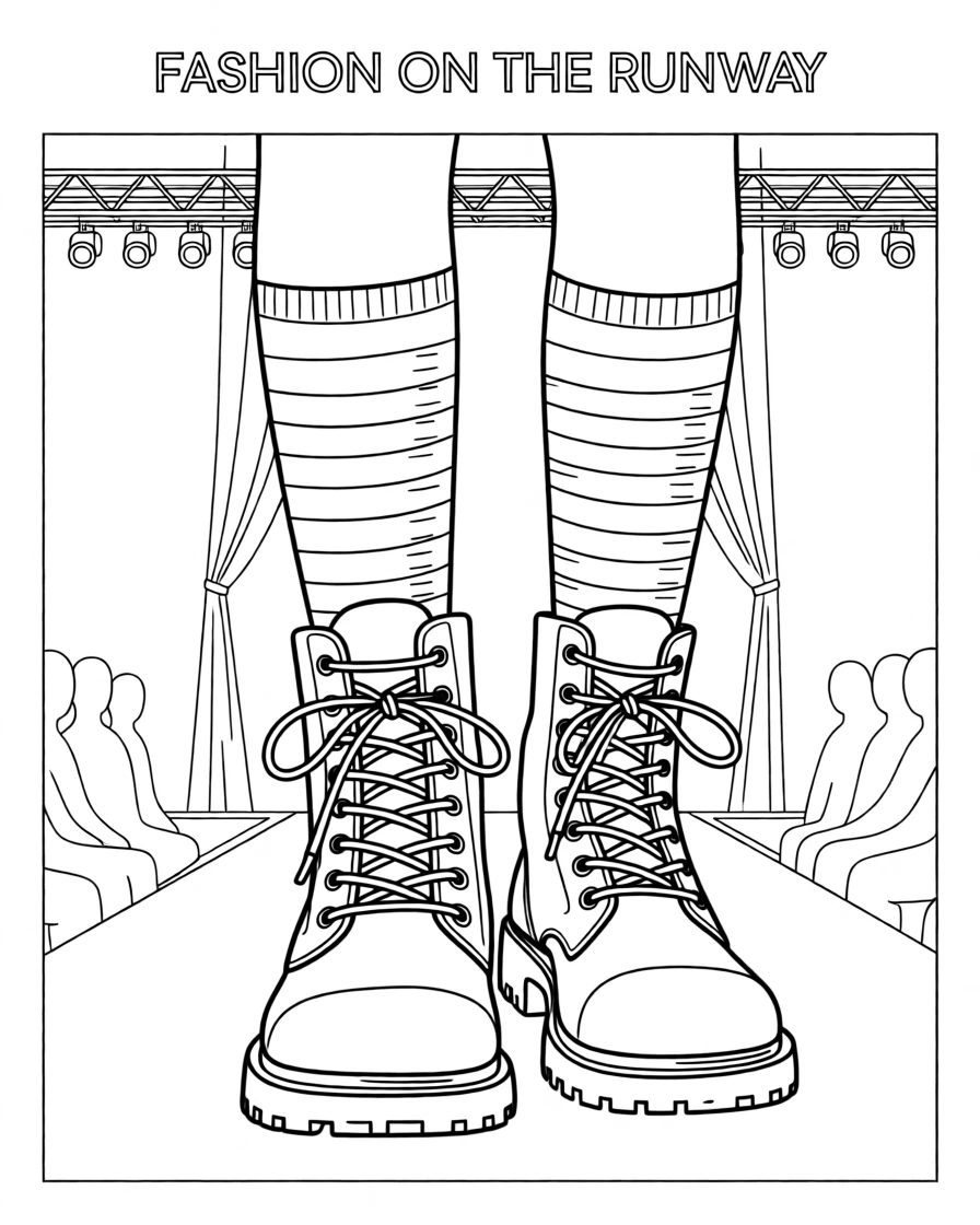 A pair of combat boots laced up over striped socks, photographed on a runway during a fashion show.