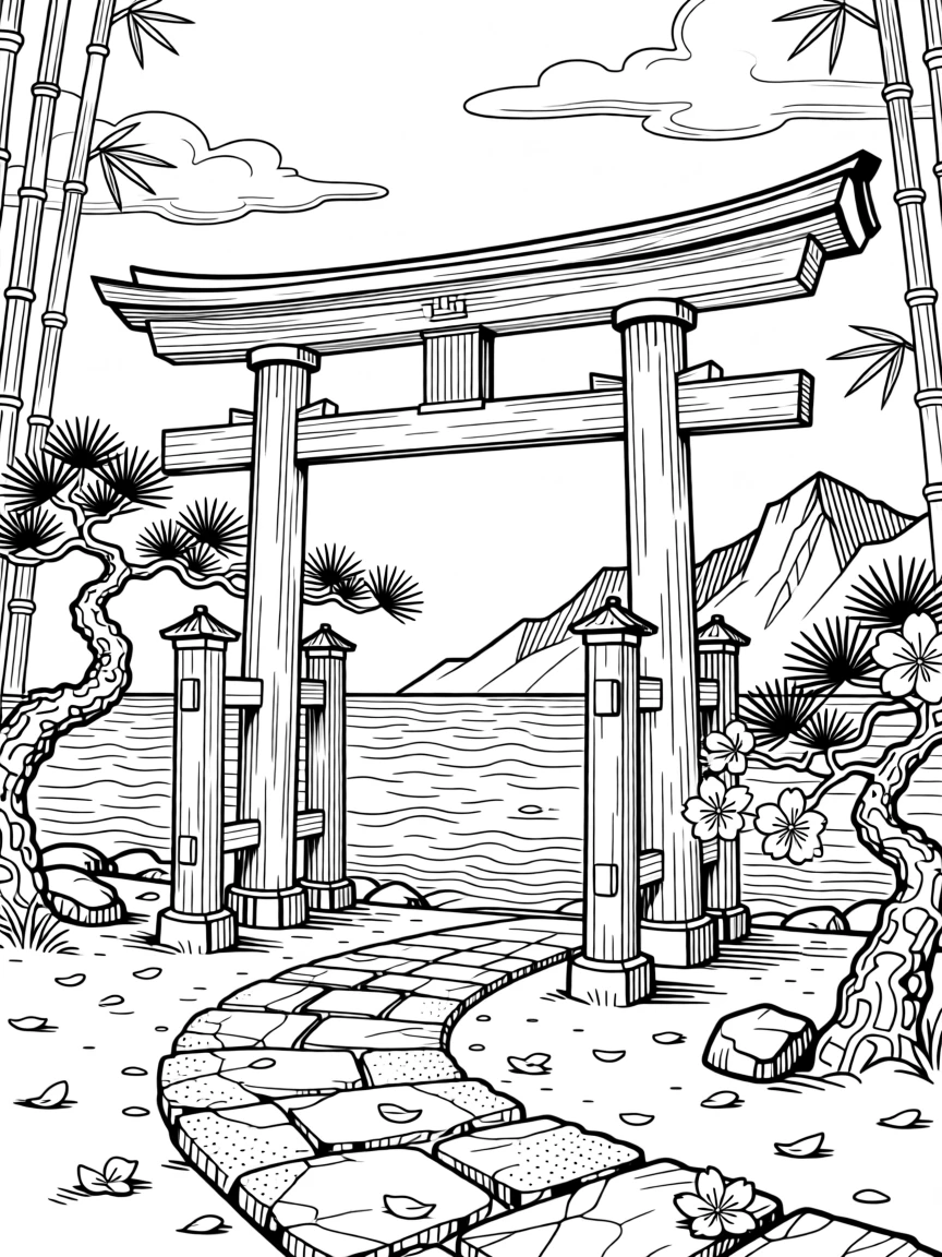 A traditional torii gate standing at the edge of a calm bay in Japan.