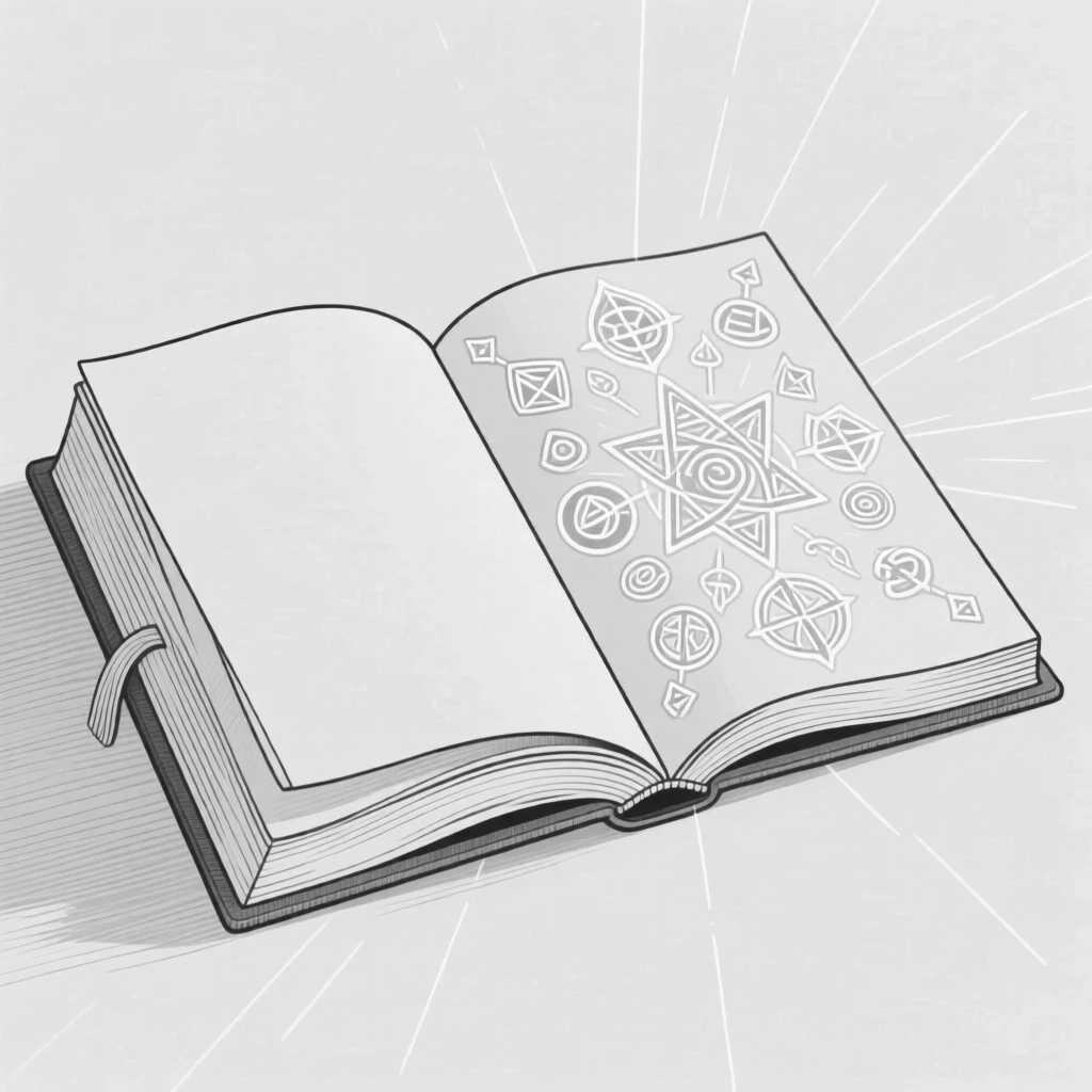 A spellbook opened to a page with glowing magical symbols